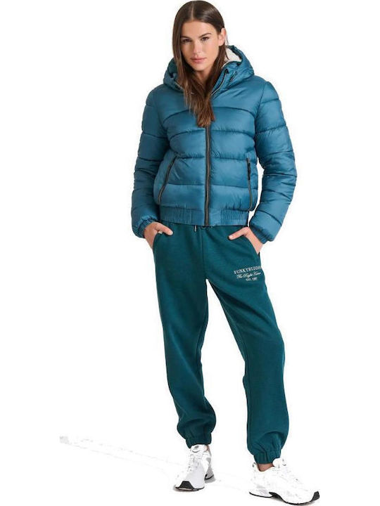 Women's Short Puffer Jacket for Winter with Hood Green