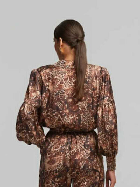 Women's Satin Long Sleeve Shirt Leopard with Gold Coins