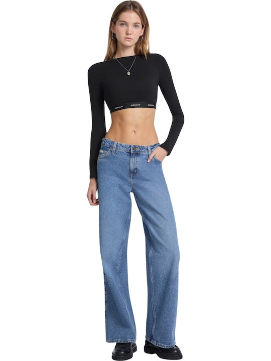 Bluza Damă Crop Top Bumbac Mânecă Lungă Negru