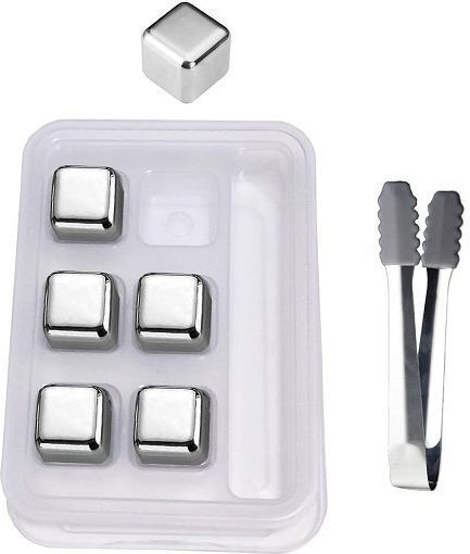 Stainless Steel Metal Ice Cubes Plastic Case Set of 6 Pieces