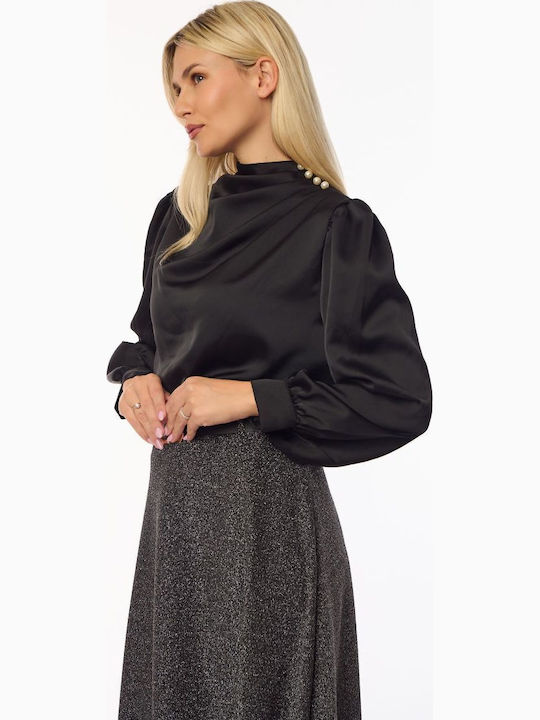 Damen Satin Bluse Langärmelig Black