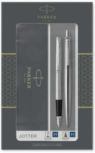 Jotter Core Pen Set Ballpoint Medium with Fountain Pen Medium made of Steel Silver in a case (in a paper cassette)