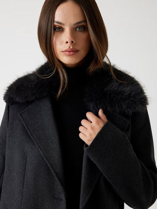 Wool Women's Black Coat with Fur Details