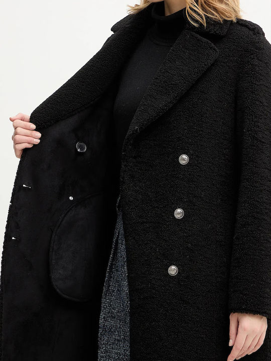 Women's Black Coat with Fur Details
