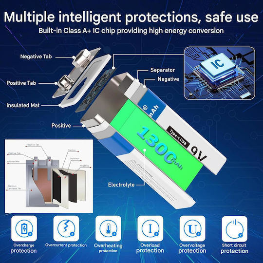 Set 4 Baterii Reîncărcabile Usb-c 9v 1300 Mah Mărime Standard Detectoare de Fum Microfoane Wireless Dispozitive Iluminat Led Mai Multe