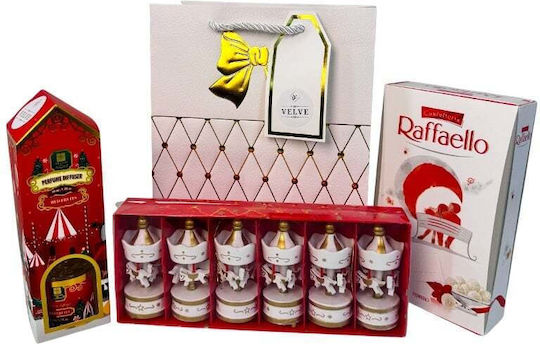 Pachet Deliciu De Crăciun Set Odorizant De Cameră 6 Decorațiuni De Crăciun În Formă De Carusel 80g Praline Raffaello În Sac Cadou