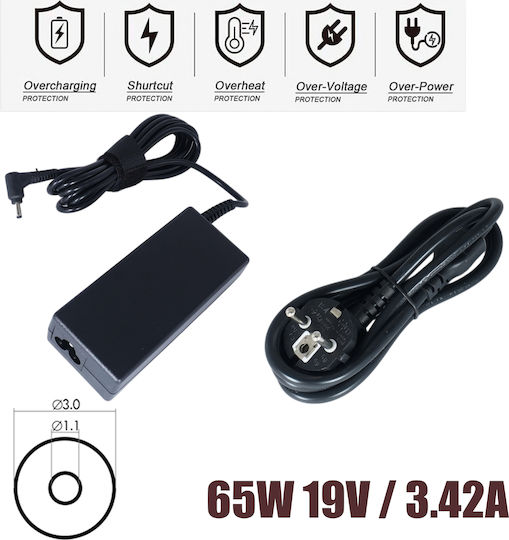 Φορτιστής Laptop 65W 19V 3.42A για Acer με Αποσπώμενο Καλώδιο Τροφοδοσίας
