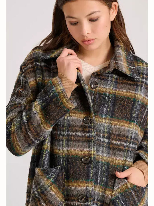 Wool Women's Checked Brown Coat Oversized with Buttons