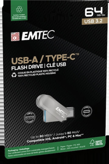 Emtec 64GB USB 3.2 Stick με σύνδεση USB-A & USB-C Ασημί