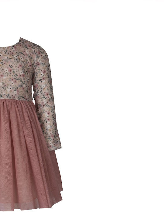 Children's Dress Long Sleeve Tulle Floral Pink
