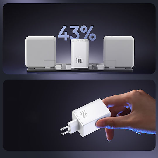 Baseus Φορτιστής Χωρίς Καλώδιο GaN με Θύρα USB-A και 2 Θύρες USB-C 100W Power Delivery / Quick Charge 3.0 Λευκός (EnerFill FE11)