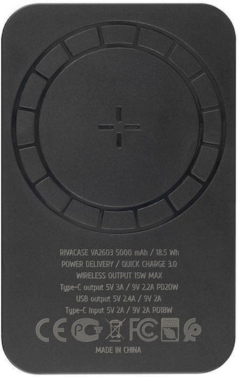 Rivacase VA2603 MagSafe Power Bank 5000mAh 20W с USB-A порт и USB-C порт Черен
