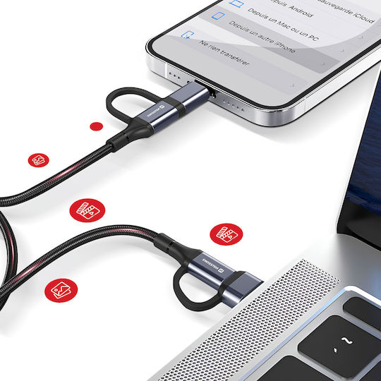 Swissten 4-in-1 Interchangeable Usb-c To Usb-a Lightning 60w 1.5m Cable Black