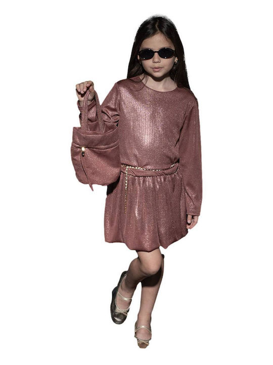 Children's Dress Long Sleeve with Sequins Set with Accessories Bronze Pink