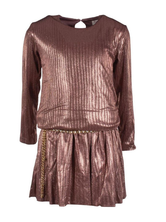 Children's Dress Long Sleeve with Sequins Set with Accessories Bronze Pink