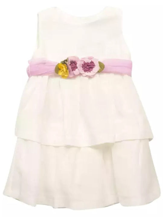 Children's Dress Sleeveless Linen Floral White