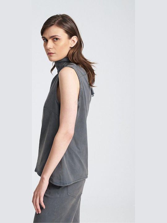 Women's Blouse Cotton Sleeveless with Zipper Grey