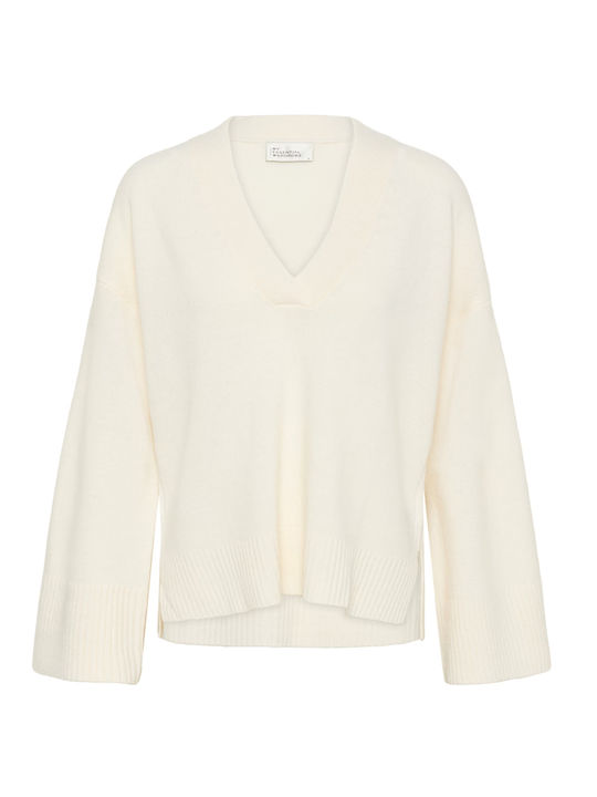 Women's Long Sleeve Sweater Woolen with V Neckline Ecru