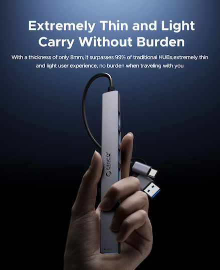 Orico Хъб 5 Порта USB 3.0 с Връзка USB-A / USB-C Сив