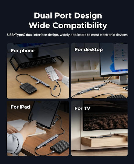 Orico Хъб 5 Порта USB 3.0 с Връзка USB-A / USB-C Сив