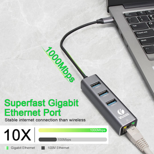 Vcom Dh311b Docking Station Usb-c To 3x Usb-a 1x Rj45 Gray