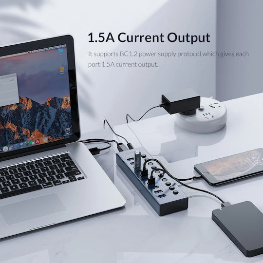 Orico EU Хъб 7 Порта USB 3.0 с Връзка USB-A Сив
