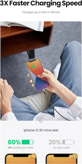 Ugreen Редовна USB-C към Lightning кабел 60W Бял 2м