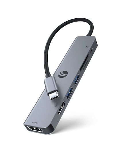 VCom 7-in-1 USB-C Докинг станция с HDMI 4K PD и свързване 2 монитора Сив