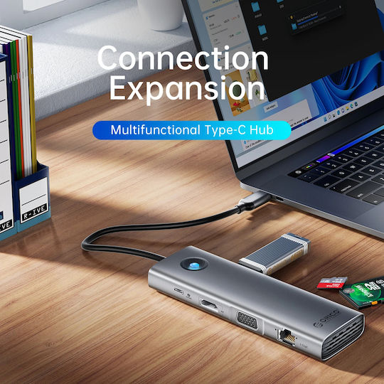 Orico USB-C Докинг станция с HDMI 4K PD Ethernet Сив (PW11-8PC-GY-EP)