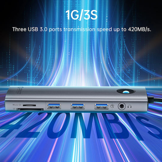 Orico USB-C Докинг станция с HDMI 4K PD Ethernet Сив (PW11-8PC-GY-EP)