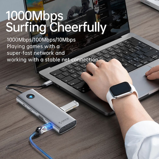 Orico USB-C Докинг станция с HDMI 4K PD Ethernet Сив (PW11-8PC-GY-EP)