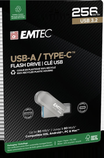 Emtec Dual D280 256GB USB 2.0 USB Stick with USB-A and USB-C Interface