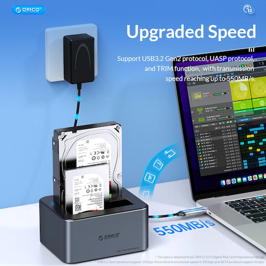 Orico Hard Drive Docking Station SATA 2.5" / 3.5" with Connection USB-C (ORICO-6626C3-C-V1-EU-GY-BP-HU)