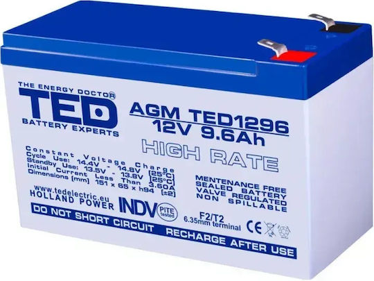 Vrla Agm 12V 9.6Ah High Rate F2/T2 Ted Electric Sigilată Baterie UPS Back-up Model Navă