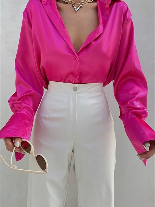 Дълъг ръкав Женска Сатен Риза Bright Pink
