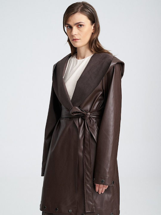 Leder Damen Brown Mantel mit Knöpfen