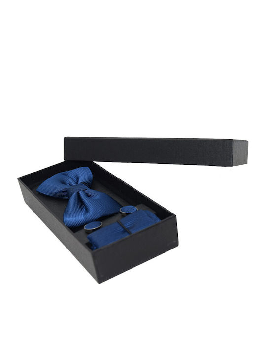 Set 3 Elegant Pieces Men Bow Tie Cufflinks Fabric Pocket Square Blue Eg013