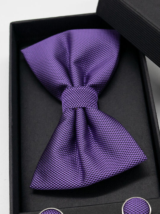 3-teiliger Eleganter Set Herren Fliegen Manschettenknöpfe Einstecktuch Aus Stoff Lila Eg011