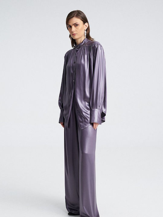 Women's Satin Long Sleeve Shirt Grey/silver