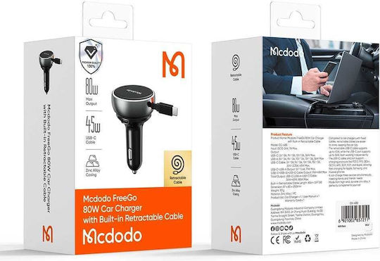 Mcdodo Cc-4850 Auto-Ladegerät 80W 7A Schnellladung mit einem Anschluss: 1xUSB mit Kabel Typ-C,TC-TC Schwarz Farbe