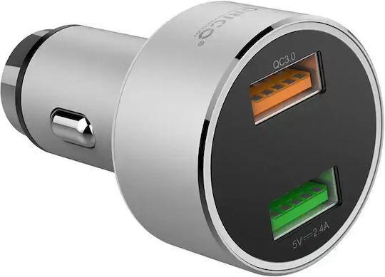 Orico Încărcător Auto Cu Mufă De Brichetă 30W Încărcare Rapidă Cu Porturi 2xUSB-A Culoare Argintie