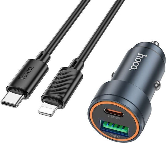 Hoco Автомобилен Зарядно Устройство 30W 3A Бързо Зареждане с Портове 1xUSB-A 1xType-C с Кабел Lightning Черен Цвят