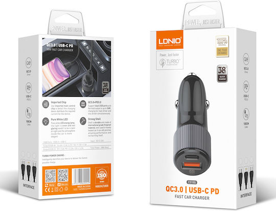 Ldnio C510Q Car Charger 38W 3A with Ports 1xUSB-A 1xType-C with mini-USB Cable Black Color