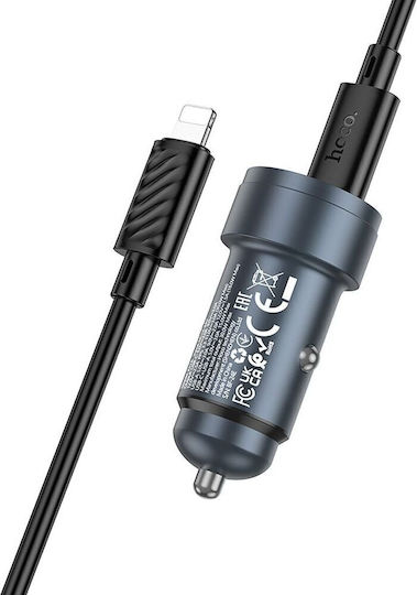 Hoco Автомобилен Зарядно Устройство 30W 3A Бързо Зареждане с Портове 1xUSB-A 1xType-C с Кабел Lightning Черен Цвят