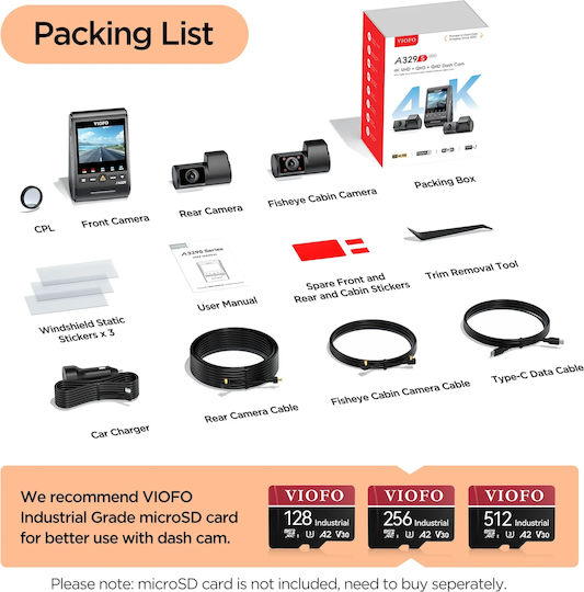 Viofo Set Cameră DVR Auto 4K Bluetooth Wi-Fi GPS și Cameră Marșarier