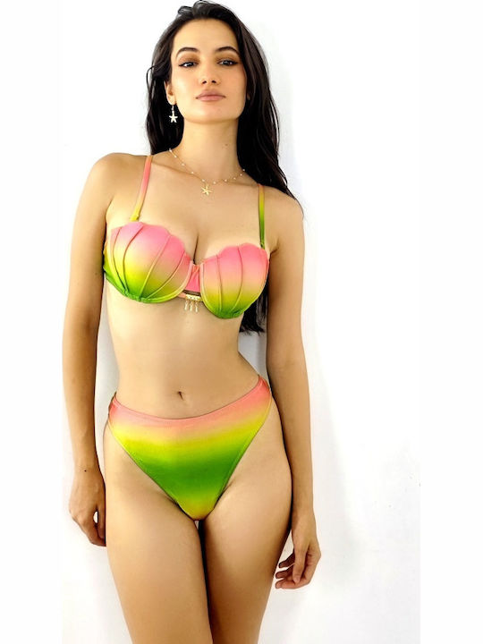 Set Bikini Push Up Șir Talie Înaltă Verde/Roz