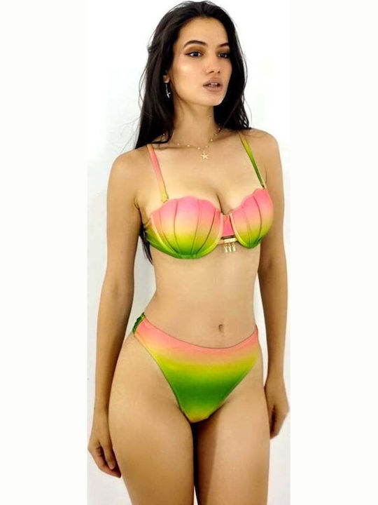 Set Bikini Push Up Șir Talie Înaltă Verde/Roz