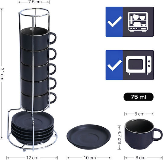 Miamio Set Căni Espresso De ceramică Negre 75ml 6buc
