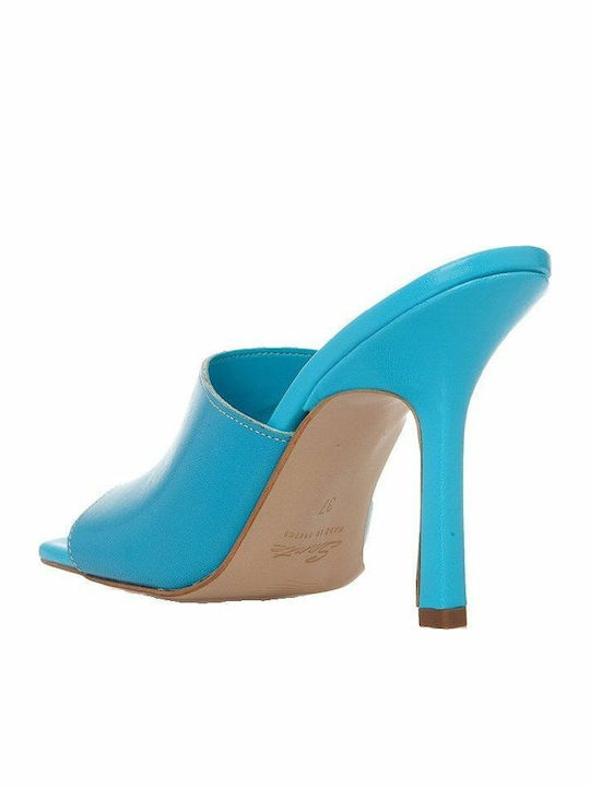 Leather Mules with Thin High Heel in Blue Color