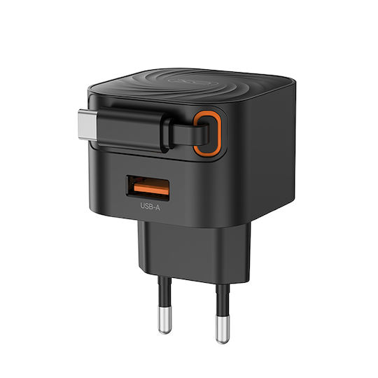 XO с USB-A порт и кабел USB-C 20W Power Delivery / Quick Charge 2.0 / Quick Charge 3.0 Черен (L165)